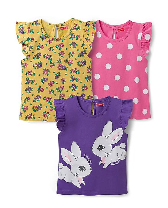Babyhug Cotton Knit Frill Sleeves T-Shirt With Polka Dot & Floral Print Pack Of 3 - Pink Purple & Yellow