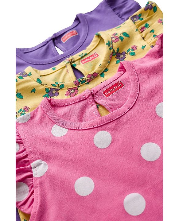 Babyhug Cotton Knit Frill Sleeves T-Shirt With Polka Dot & Floral Print Pack Of 3 - Pink Purple & Yellow
