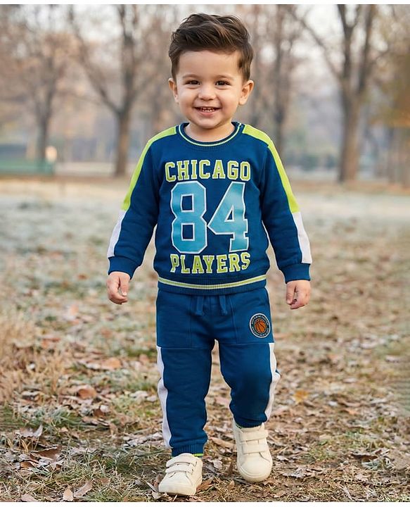 Babyhug Terry Knit Full Sleeves T-Shirt & Lounge Pant Set With Chicago Players Print - Blue