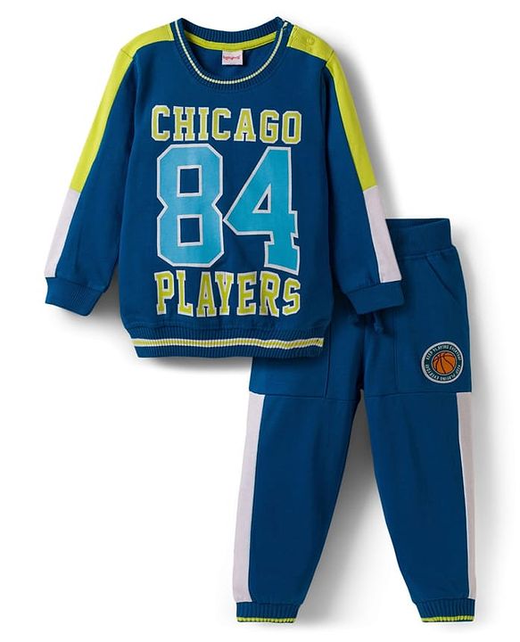 Babyhug Terry Knit Full Sleeves T-Shirt & Lounge Pant Set With Chicago Players Print - Blue