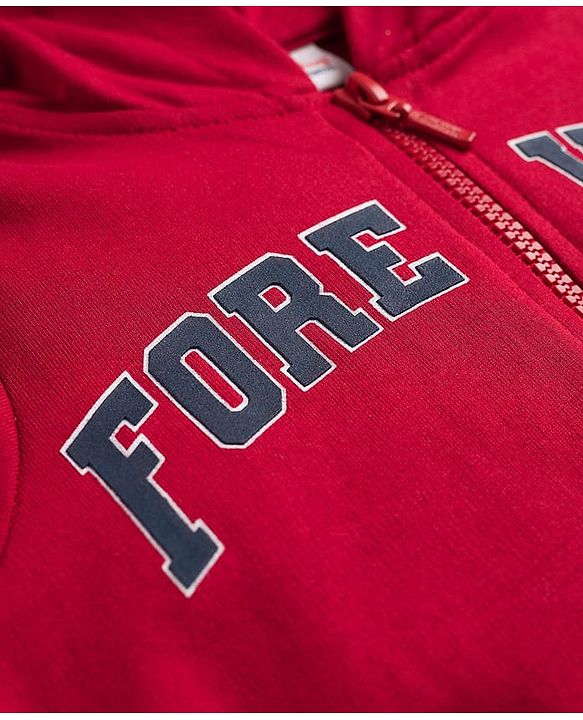 Babyhug Terry Knit Full Sleeves Hooded Sweatjacket & Lounge Pant Set With Forever Chicago Print - Maroon & Blue