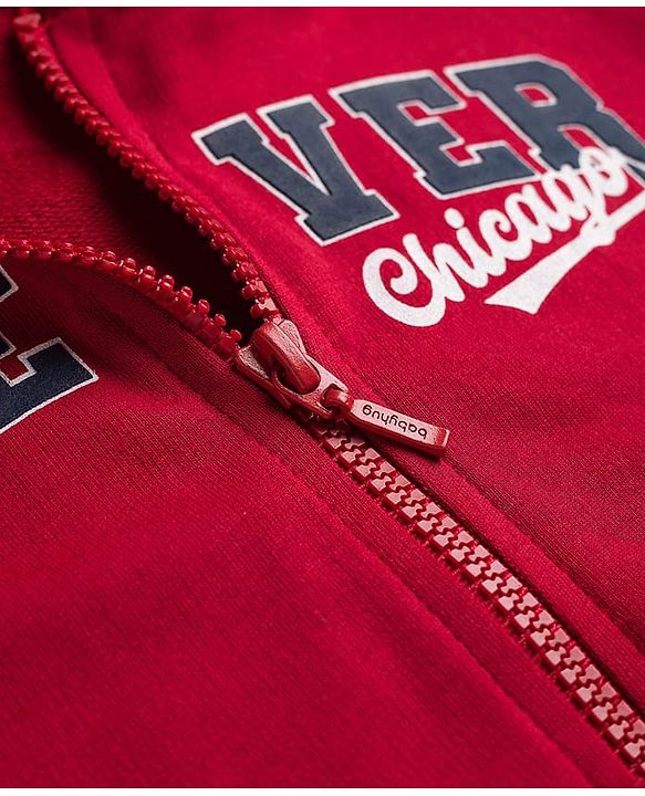 Babyhug Terry Knit Full Sleeves Hooded Sweatjacket & Lounge Pant Set With Forever Chicago Print - Maroon & Blue
