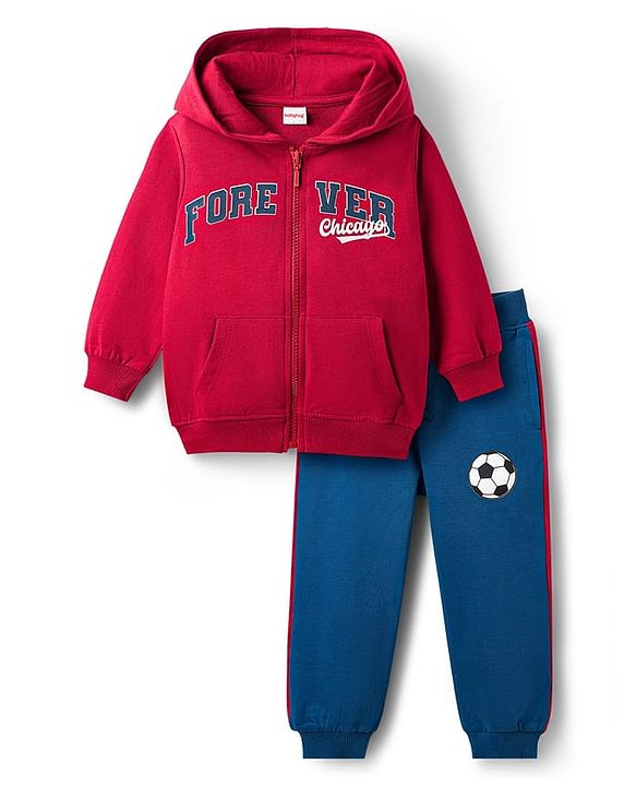 Babyhug Terry Knit Full Sleeves Hooded Sweatjacket & Lounge Pant Set With Forever Chicago Print - Maroon & Blue