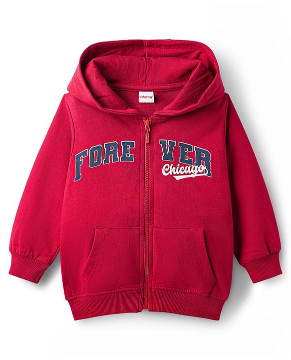 Babyhug Terry Knit Full Sleeves Hooded Sweatjacket & Lounge Pant Set With Forever Chicago Print - Maroon & Blue
