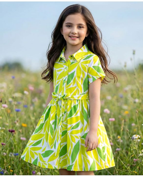 Pine Kids Cotton Knit Half Sleeves Frock with Leaves Print - Limegreen
