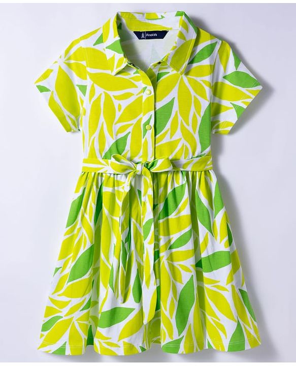 Pine Kids Cotton Knit Half Sleeves Frock with Leaves Print - Limegreen