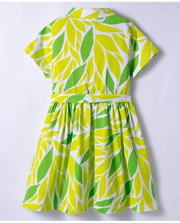 Pine Kids Cotton Knit Half Sleeves Frock with Leaves Print - Limegreen