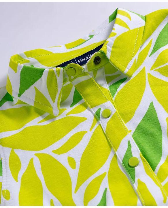 Pine Kids Cotton Knit Half Sleeves Frock with Leaves Print - Limegreen