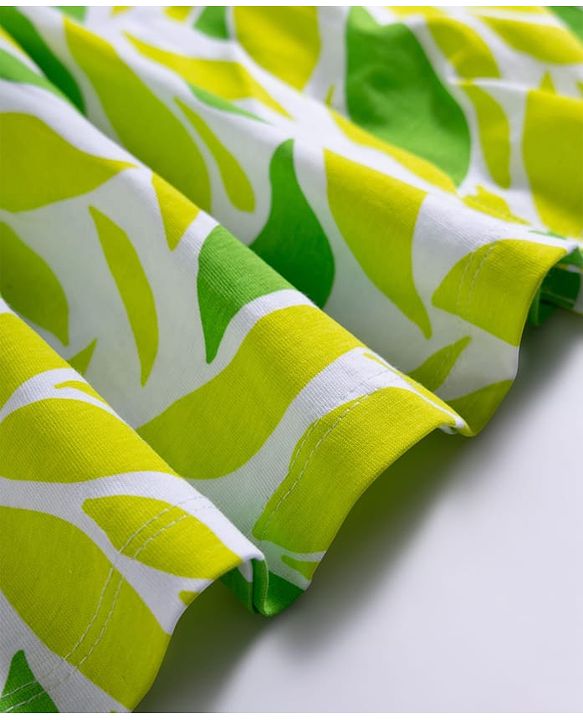 Pine Kids Cotton Knit Half Sleeves Frock with Leaves Print - Limegreen