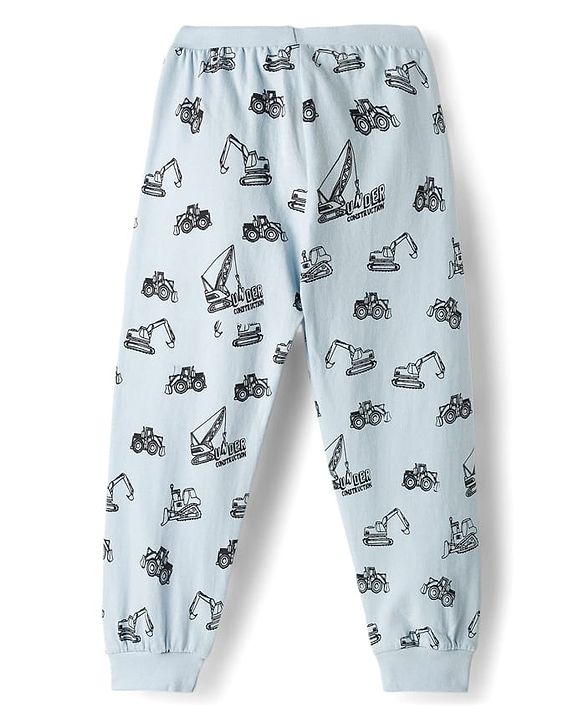 Babyhug Single Jersey Knit Full Length Lounge Pant with Vehicle Print - Light Blue