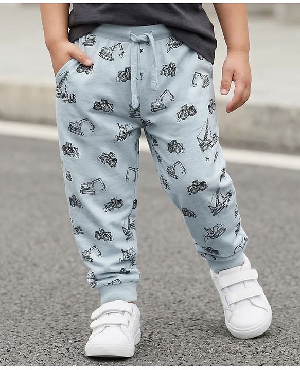 Babyhug Single Jersey Knit Full Length Lounge Pant with Vehicle Print - Light Blue