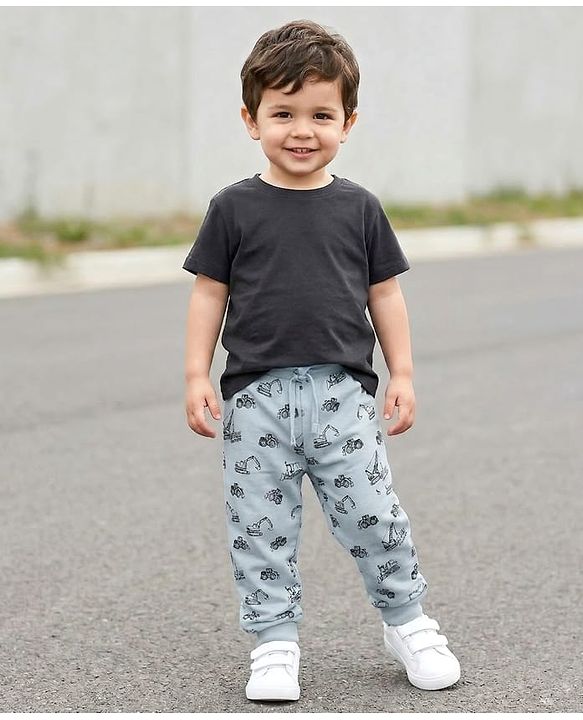 Babyhug Single Jersey Knit Full Length Lounge Pant with Vehicle Print - Light Blue