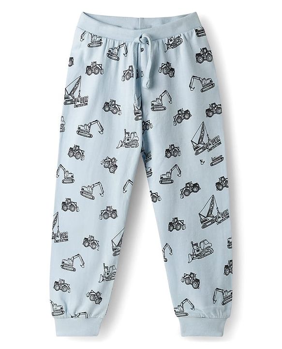 Babyhug Single Jersey Knit Full Length Lounge Pant with Vehicle Print - Light Blue