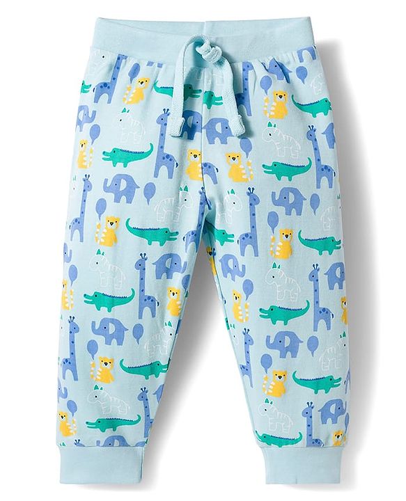 Babyhug Single Jersey Knit Full Length Lounge Pant With Jungle Theme Print - Blue