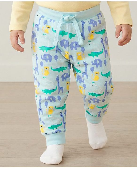 Babyhug Single Jersey Knit Full Length Lounge Pant With Jungle Theme Print - Blue