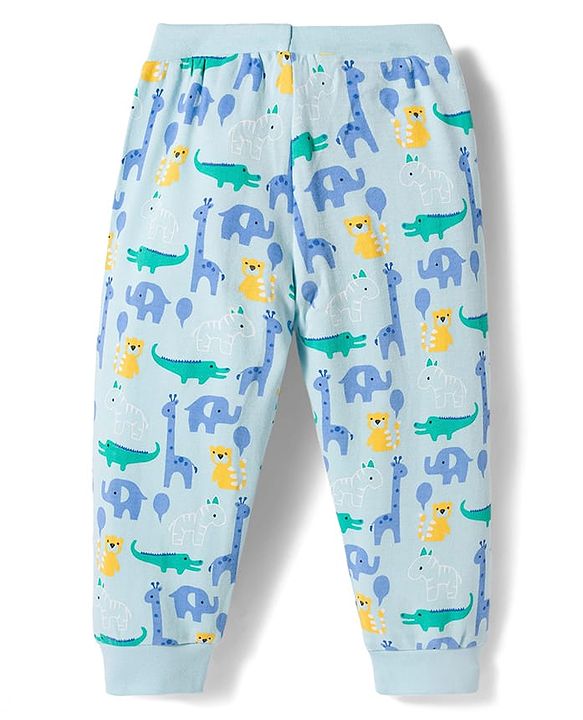 Babyhug Single Jersey Knit Full Length Lounge Pant With Jungle Theme Print - Blue