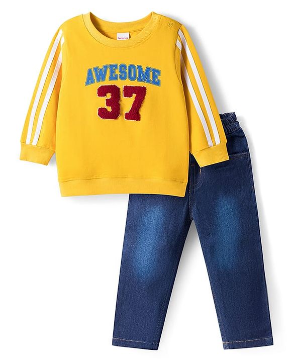 Babyhug Terry Knit Full Sleeves T-Shirt & Denim Jeans Set with Awesome Print - Yellow & Blue