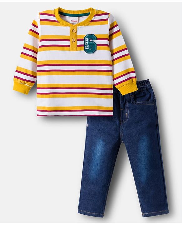 Babyhug Terry Knit Full Sleeves Striped T-Shirt & Denim Jeans Set with Patch Detailing -Blue