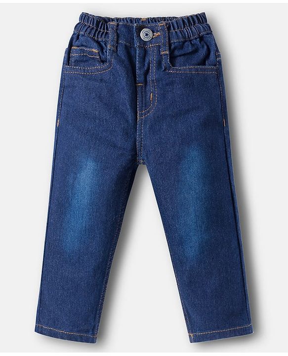 Babyhug Terry Knit Full Sleeves Striped T-Shirt & Denim Jeans Set with Patch Detailing -Blue