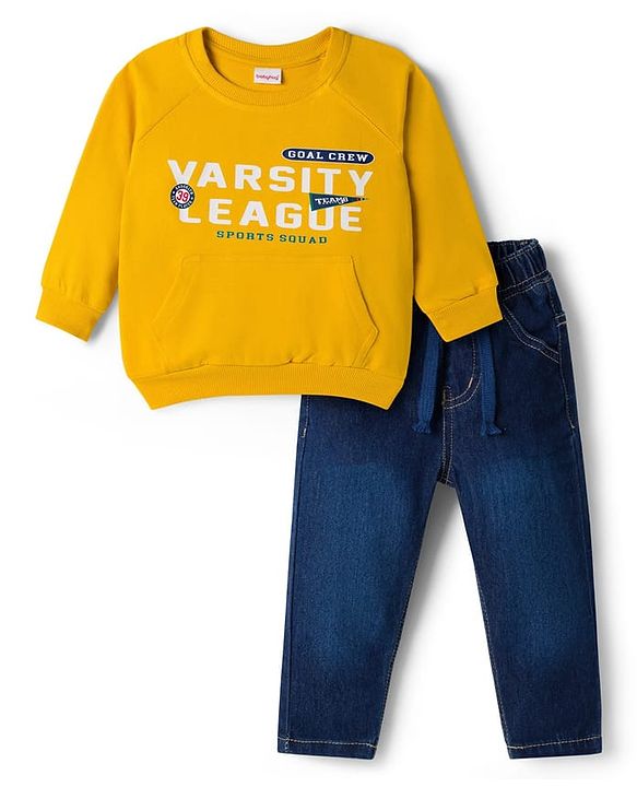 Babyhug Terry Knit Full Raglan Sleeves T-Shirt & Denim Jeans Set With Text Print - Yellow & Blue