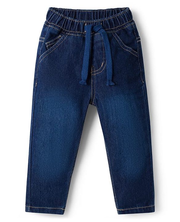 Babyhug Terry Knit Full Raglan Sleeves T-Shirt & Denim Jeans Set With Text Print - Yellow & Blue