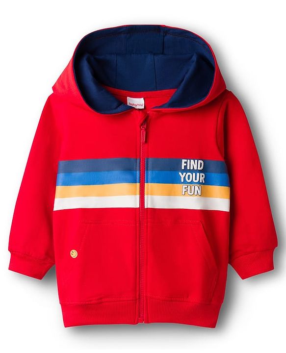 Babyhug Terry Knit Full Sleeves Hooded T-Shirt & Denim Jeans Set with Find Your Fun Print -Blue & Red