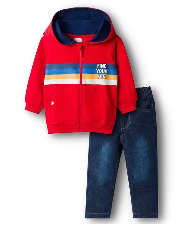 Babyhug Terry Knit Full Sleeves Hooded T-Shirt & Denim Jeans Set with Find Your Fun Print -Blue & Red