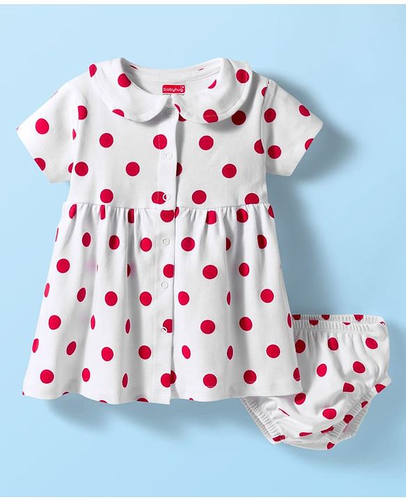 Babyhug 100% Cotton Knit Half Sleeves Polka Dots Printed Frock With Bloomer - White & Red
