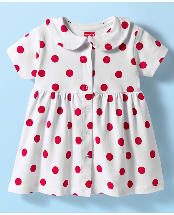 Babyhug 100% Cotton Knit Half Sleeves Polka Dots Printed Frock With Bloomer - White & Red