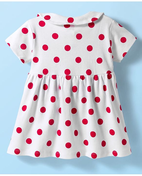 Babyhug 100% Cotton Knit Half Sleeves Polka Dots Printed Frock With Bloomer - White & Red