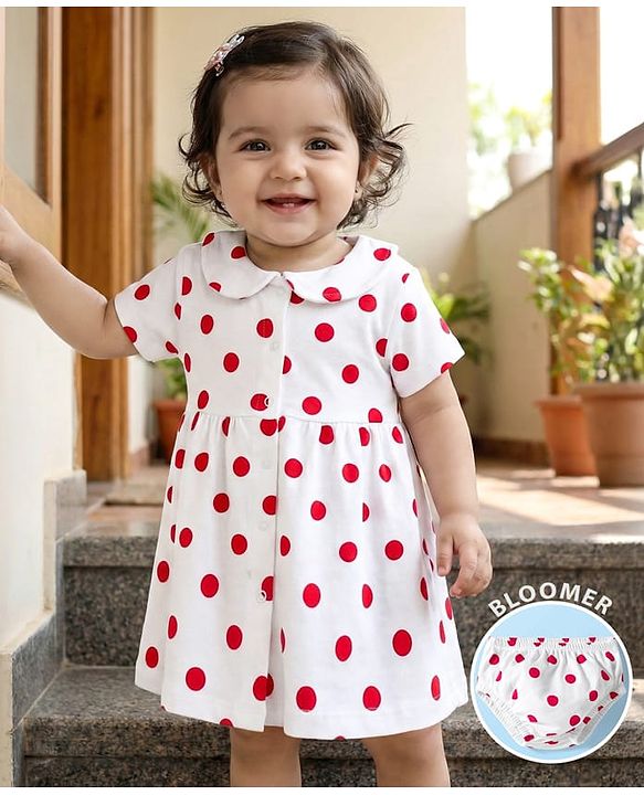 Babyhug 100% Cotton Knit Half Sleeves Polka Dots Printed Frock With Bloomer - White & Red