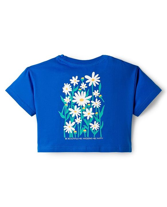 Babyhug Cotton Knit Half Sleeves Oversized T-Shirt with Floral Print - Blue