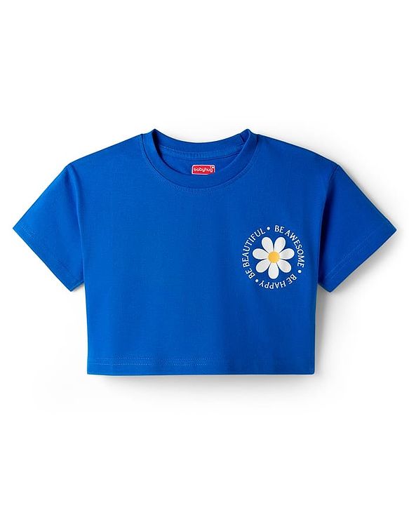 Babyhug Cotton Knit Half Sleeves Oversized T-Shirt with Floral Print - Blue