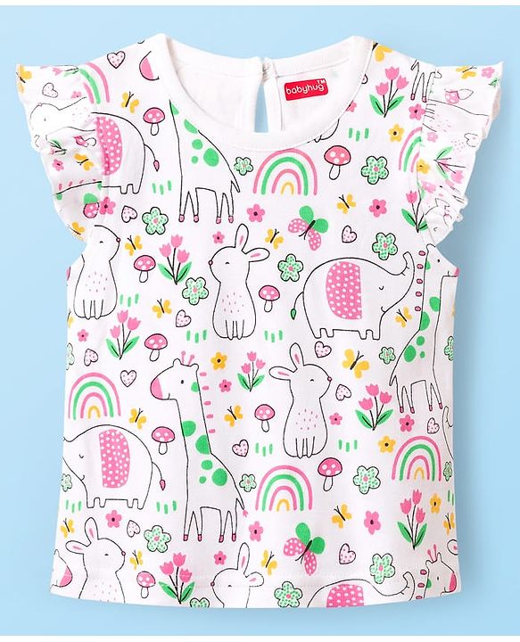 Babyhug Cotton Knit Frill Sleeves T-Shirts with Jungle Theme Print Pack of 3 - Yellow Pink & White
