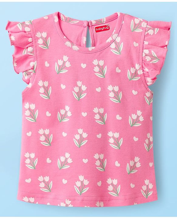 Babyhug Cotton Knit Frill Sleeves T-Shirts with Jungle Theme Print Pack of 3 - Yellow Pink & White