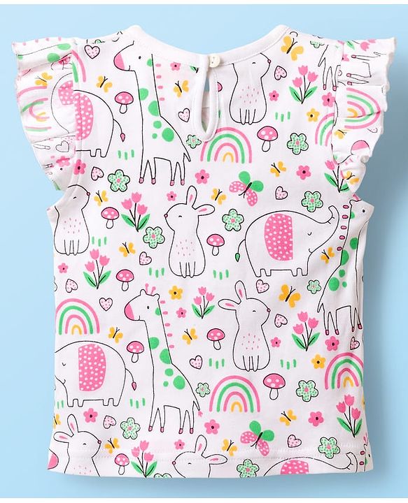 Babyhug Cotton Knit Frill Sleeves T-Shirts with Jungle Theme Print Pack of 3 - Yellow Pink & White