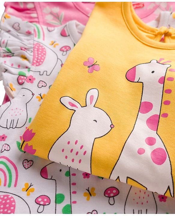 Babyhug Cotton Knit Frill Sleeves T-Shirts with Jungle Theme Print Pack of 3 - Yellow Pink & White