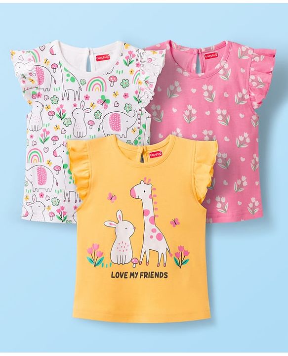 Babyhug Cotton Knit Frill Sleeves T-Shirts with Jungle Theme Print Pack of 3 - Yellow Pink & White