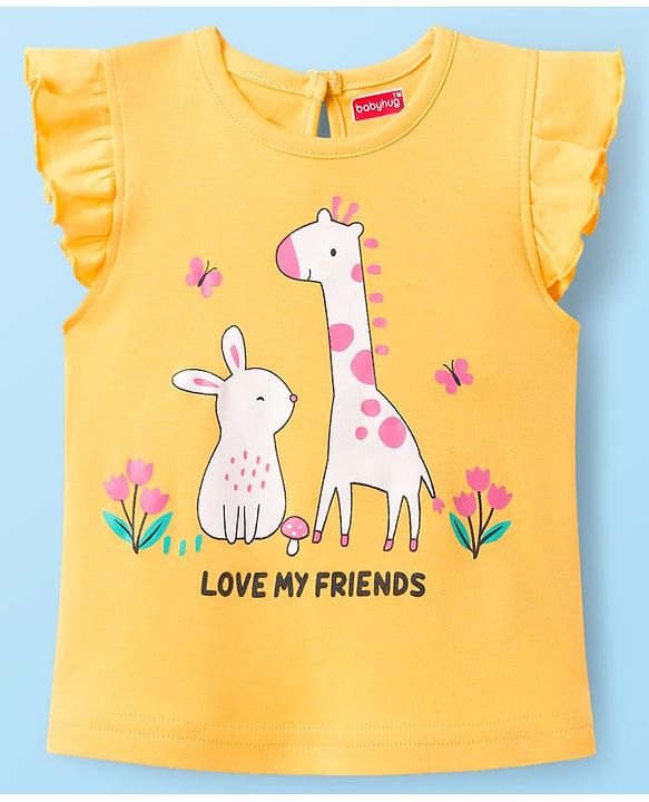 Babyhug Cotton Knit Frill Sleeves T-Shirts with Jungle Theme Print Pack of 3 - Yellow Pink & White