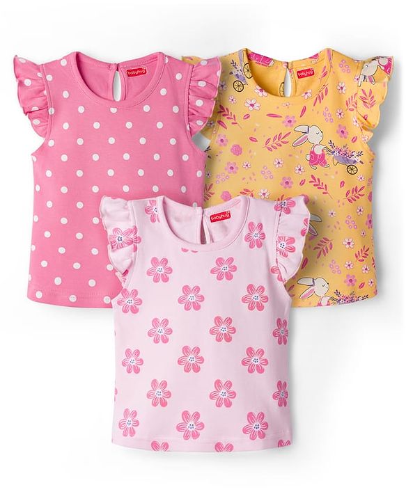 Babyhug Cotton Knit Frill Sleeves T-Shirts with Jungle Theme Print Pack of 3 - Multicolor