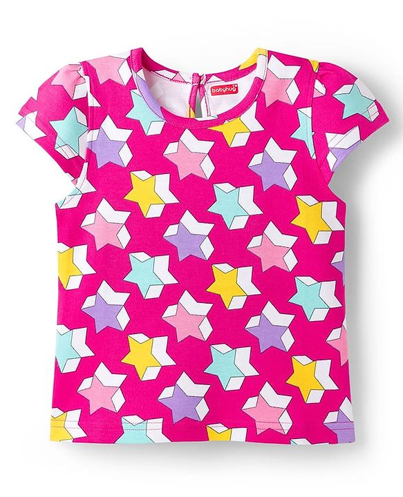 Babyhug Cotton Knit Half Sleeves T-Shirt with Star Print - Pink