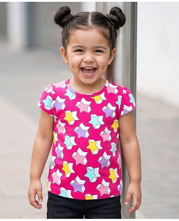 Babyhug Cotton Knit Half Sleeves T-Shirt with Star Print - Pink