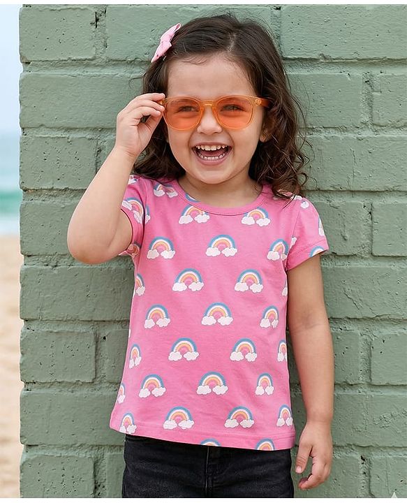Babyhug Cotton Knit Half Cap Sleeves T-Shirt with Rainbow Print - Pink