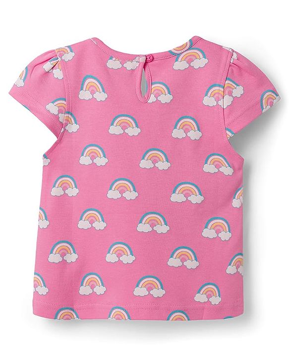 Babyhug Cotton Knit Half Cap Sleeves T-Shirt with Rainbow Print - Pink