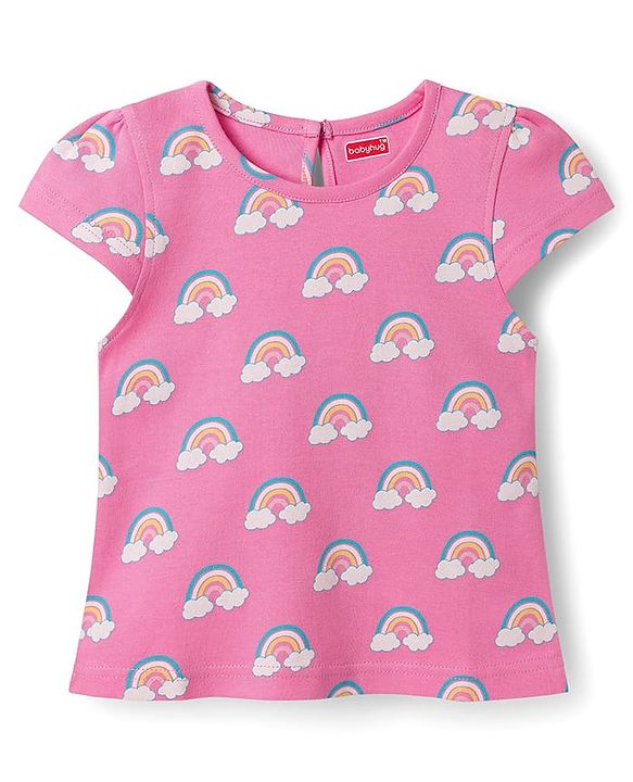 Babyhug Cotton Knit Half Cap Sleeves T-Shirt with Rainbow Print - Pink