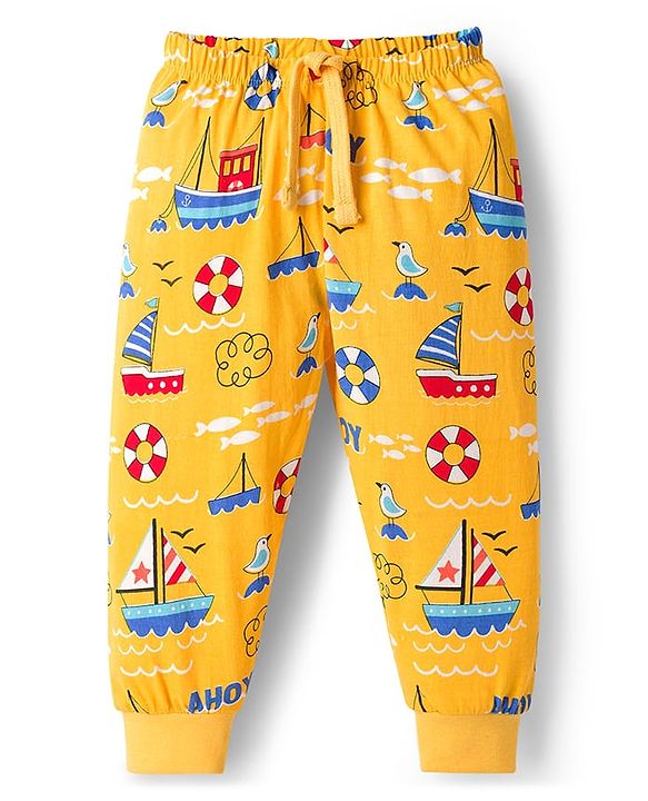 Babyhug Single Jersey Knit Full Length Lounge Pant With Nautical Theme Print - Yellow
