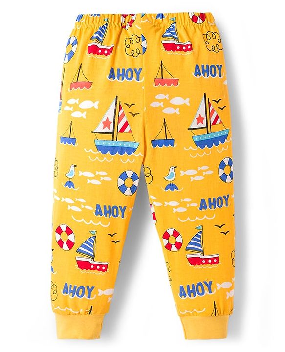 Babyhug Single Jersey Knit Full Length Lounge Pant With Nautical Theme Print - Yellow