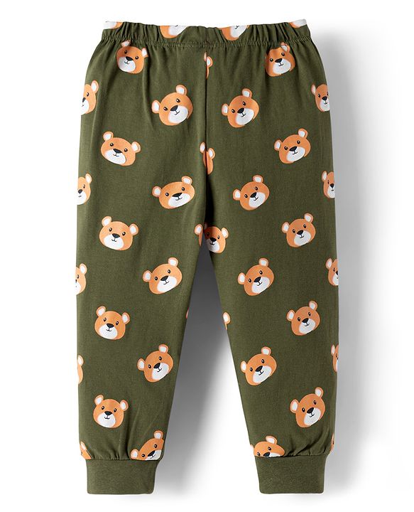 Babyhug Single Jersey Knit Full Length Bear Printed Lounge Pant - Olive Green