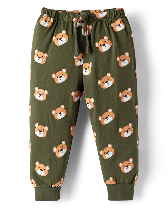 Babyhug Single Jersey Knit Full Length Bear Printed Lounge Pant - Olive Green