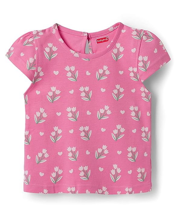 Babyhug Cotton Knit Half Cap Sleeves T-Shirt with Floral Print - Pink